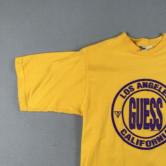 Vintage 1993 Guess Shirt Men’s Medium Yellow Los Angeles California Short Sleeve - Picture 12 of 16